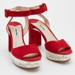 Pre Owned Miu Miu Red Suede Crystal Embellished Platform Ankle-Strap Sandals Size 38.5