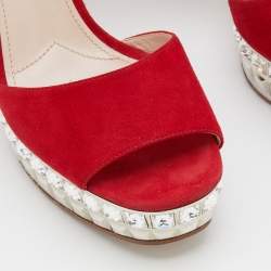 Pre Owned Miu Miu Red Suede Crystal Embellished Platform Ankle-Strap Sandals Size 38.5