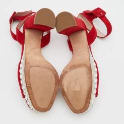 Pre Owned Miu Miu Red Suede Crystal Embellished Platform Ankle-Strap Sandals Size 38.5