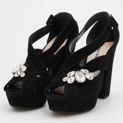 Miu Miu Black Suede Crystal Embellished Platform Sandals Size 38.5