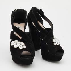 Miu Miu Black Suede Crystal Embellished Platform Sandals Size 38.5