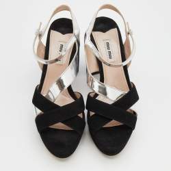 Miu Miu Black/Silver Suede And Leather Platform Ankle Strap Sandals Size 39