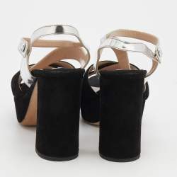Miu Miu Black/Silver Suede And Leather Platform Ankle Strap Sandals Size 39