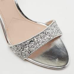 Miu Miu Silver Glitter Ankle Strap Embellished Block Heel Sandals Size 39