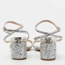 Miu Miu Silver Glitter Ankle Strap Embellished Block Heel Sandals Size 39