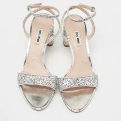 Miu Miu Silver Glitter Ankle Strap Embellished Block Heel Sandals Size 39