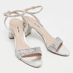 Miu Miu Silver Glitter Ankle Strap Embellished Block Heel Sandals Size 39