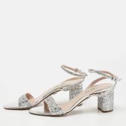 Miu Miu Silver Glitter Ankle Strap Embellished Block Heel Sandals Size 39