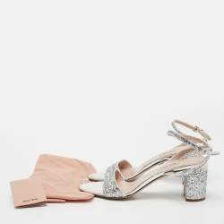 Miu Miu Silver Glitter Ankle Strap Embellished Block Heel Sandals Size 39