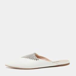 Miu Miu White Leather Crystal Embellished Mules Size 40