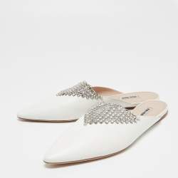 Miu Miu White Leather Crystal Embellished Mules Size 40