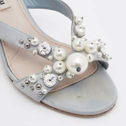 Pre Owned Miu Miu Grey Crystal And Pearl Embellished Satin Block Heel Slide Sandals Size 35.5