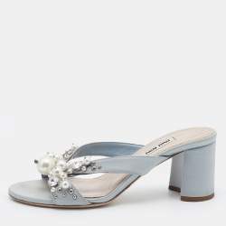 Pre Owned Miu Miu Grey Crystal And Pearl Embellished Satin Block Heel Slide Sandals Size 35.5
