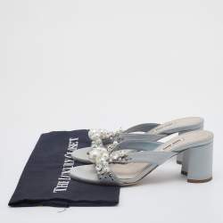 Pre Owned Miu Miu Grey Crystal And Pearl Embellished Satin Block Heel Slide Sandals Size 35.5