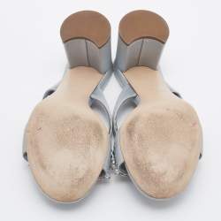 Pre Owned Miu Miu Grey Crystal And Pearl Embellished Satin Block Heel Slide Sandals Size 35.5
