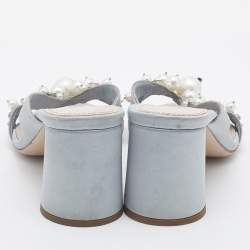 Pre Owned Miu Miu Grey Crystal And Pearl Embellished Satin Block Heel Slide Sandals Size 35.5