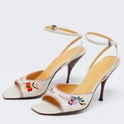 Miu Miu Off-White Leather Floral Embroidery Ankle Strap Sandals Size 39