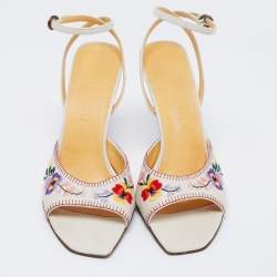 Miu Miu Off-White Leather Floral Embroidery Ankle Strap Sandals Size 39