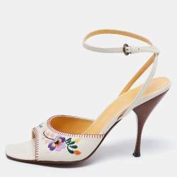 Miu Miu Off-White Leather Floral Embroidery Ankle Strap Sandals Size 39