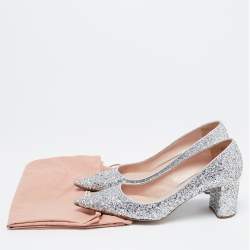Miu Miu Metallic Silver Glitter Pointed Toe Embellished Block Heel Pumps Size 40