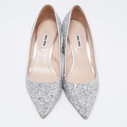 Miu Miu Metallic Silver Glitter Pointed Toe Embellished Block Heel Pumps Size 40