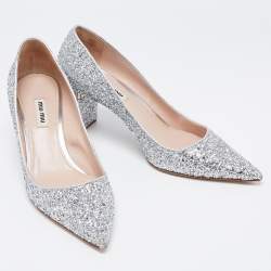 Miu Miu Metallic Silver Glitter Pointed Toe Embellished Block Heel Pumps Size 40