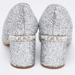 Miu Miu Metallic Silver Glitter Pointed Toe Embellished Block Heel Pumps Size 40