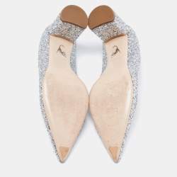 Miu Miu Metallic Silver Glitter Pointed Toe Embellished Block Heel Pumps Size 40
