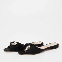 Miu Miu Black Fabric Crystal Embellished Knot Flat Slide Sandals Size 38