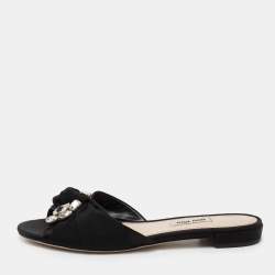 Miu Miu Black Fabric Crystal Embellished Knot Flat Slide Sandals Size 38