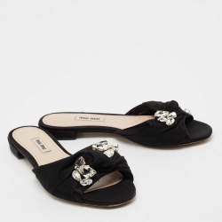 Miu Miu Black Fabric Crystal Embellished Knot Flat Slide Sandals Size 38