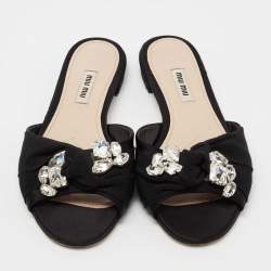 Miu Miu Black Fabric Crystal Embellished Knot Flat Slide Sandals Size 38