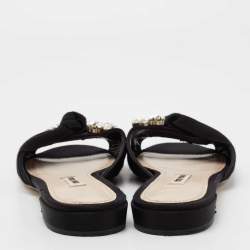 Miu Miu Black Fabric Crystal Embellished Knot Flat Slide Sandals Size 38
