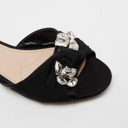 Miu Miu Black Fabric Crystal Embellished Knot Flat Slide Sandals Size 38