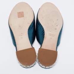 Miu Miu Metallic Teal Snakeskin Embossed Leather Bow Detail Crystal Heel Flat Slide Sandals Size 38