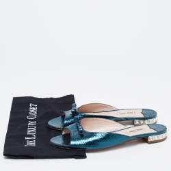 Miu Miu Metallic Teal Snakeskin Embossed Leather Bow Detail Crystal Heel Flat Slide Sandals Size 38
