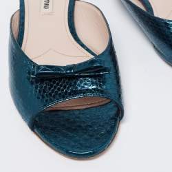 Miu Miu Metallic Teal Snakeskin Embossed Leather Bow Detail Crystal Heel Flat Slide Sandals Size 38