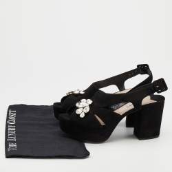 Miu Miu Black Suede Crystal Embellished Block Heel Platform Sandals Size 37.5