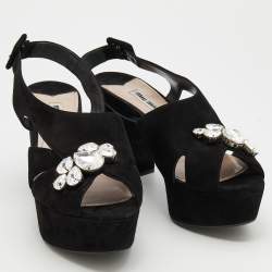 Miu Miu Black Suede Crystal Embellished Block Heel Platform Sandals Size 37.5