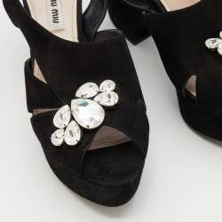 Miu Miu Black Suede Crystal Embellished Block Heel Platform Sandals Size 37.5
