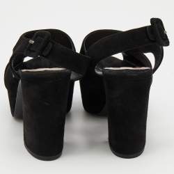Miu Miu Black Suede Crystal Embellished Block Heel Platform Sandals Size 37.5