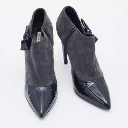 Miu Miu Grey/Black Patent Leather and Suede Bow Ankle Booties Size 38