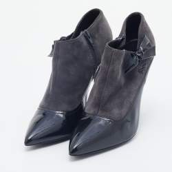 Miu Miu Grey/Black Patent Leather and Suede Bow Ankle Booties Size 38