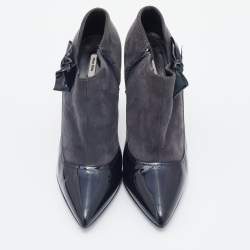 Miu Miu Grey/Black Patent Leather and Suede Bow Ankle Booties Size 38
