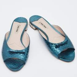 Miu Miu Metallic Green Python Embossed Leather Bow Detail Jeweled Heel Flat Slide Sandals Size 39