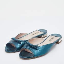 Miu Miu Metallic Green Python Embossed Leather Bow Detail Jeweled Heel Flat Slide Sandals Size 39