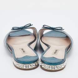 Miu Miu Metallic Green Python Embossed Leather Bow Detail Jeweled Heel Flat Slide Sandals Size 39