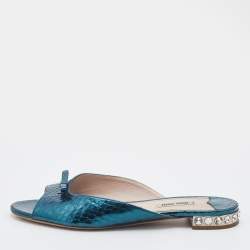 Miu Miu Metallic Green Python Embossed Leather Bow Detail Jeweled Heel Flat Slide Sandals Size 39