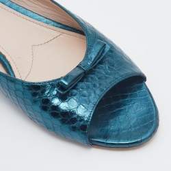 Miu Miu Metallic Green Python Embossed Leather Bow Detail Jeweled Heel Flat Slide Sandals Size 39