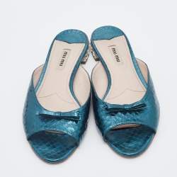 Miu Miu Metallic Green Python Embossed Leather Bow Detail Jeweled Heel Flat Slide Sandals Size 39